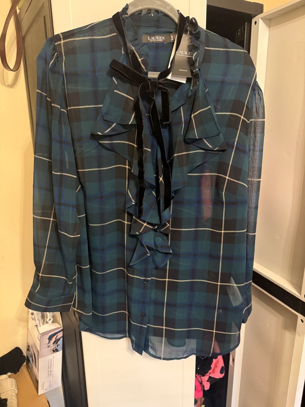 Lauren Ralph Lauren Teal and Black Plaid Ruffle Bow Blouse